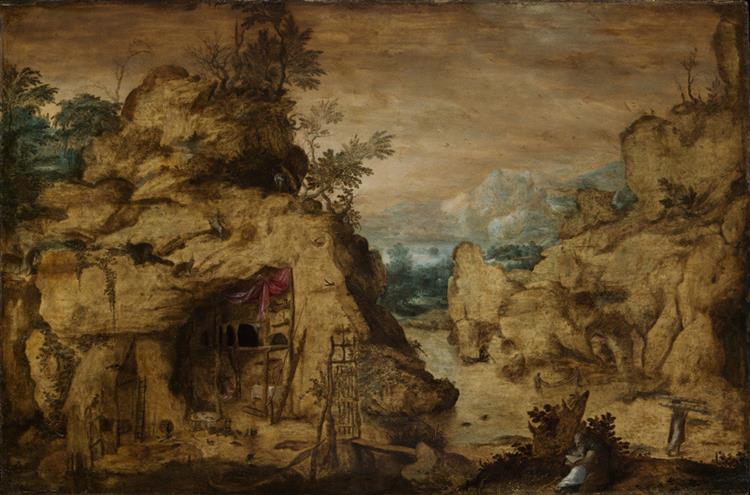 mountain landscape with a hermit by bartholomeus spranger