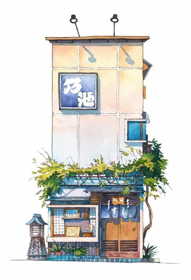 Tokyo Store Front Watercolor painting by Noike
