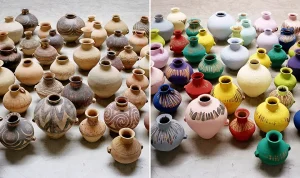 Colored Vases (2006-2008) by Ai Weiwei involves repurposing ancient Chinese Han Dynasty vases, coating them in industrial paint. The alteration challenges notions of cultural heritage and authenticity, highlighting the tension between tradition and contemporary expression. Weiwei's work serves as a commentary on cultural preservation and societal transformation.colored vases